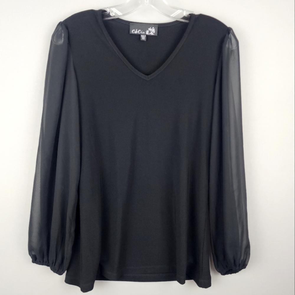 CSC Studio Black Shirt With Sheer Long Sleeves Sz Xtra Small XS